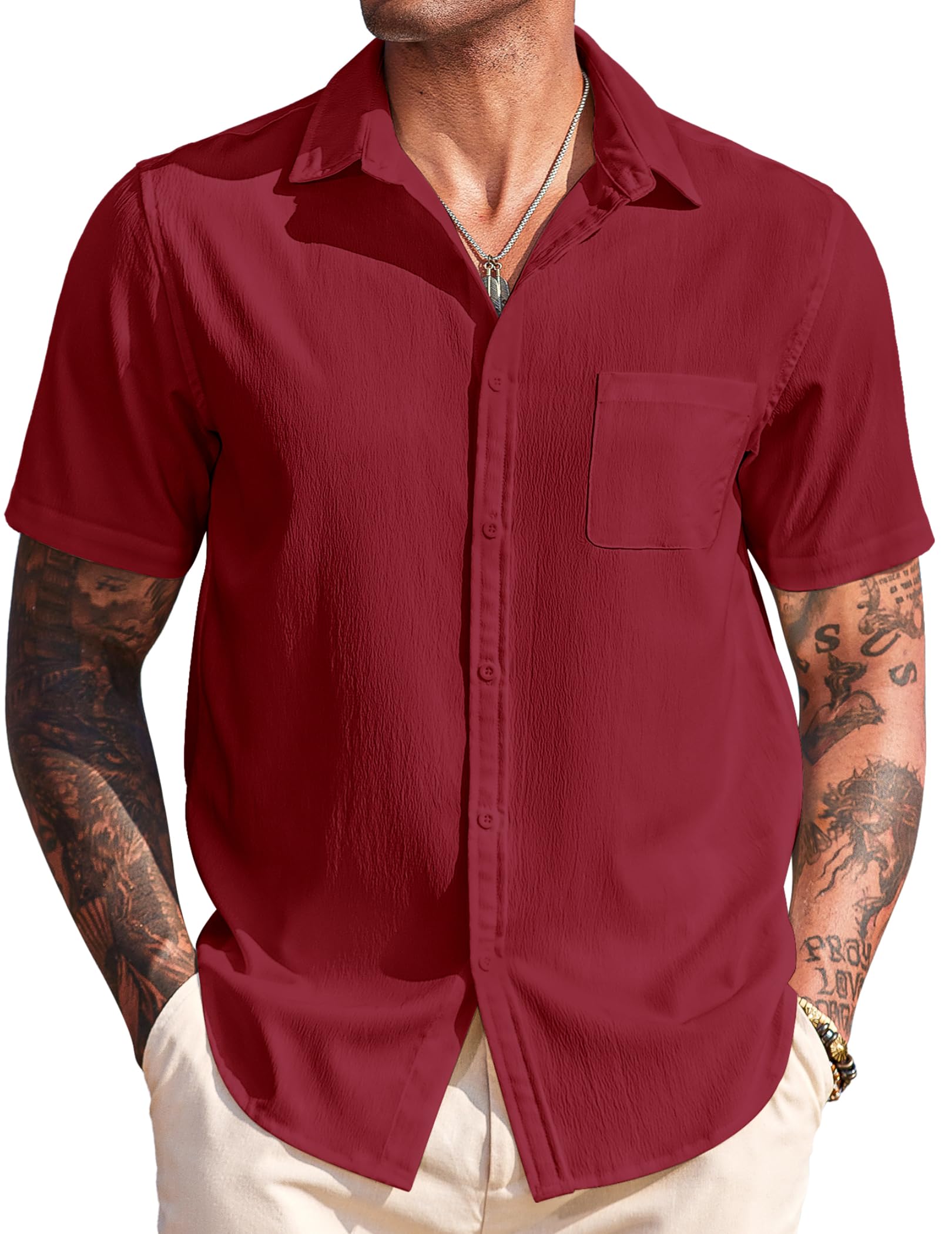 COOFANDY Mens Short Sleeve Button Down Shirts Soft Linen Beach Shirt Summer Vacation Shirts (Pink 3X-Large)