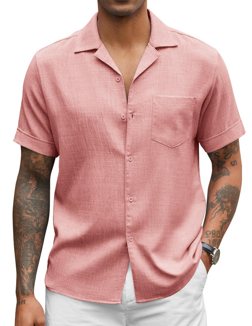 COOFANDY Mens Short Sleeve Button Down Shirts Soft Linen Beach Shirt Summer Vacation Shirts (Pink 3X-Large)