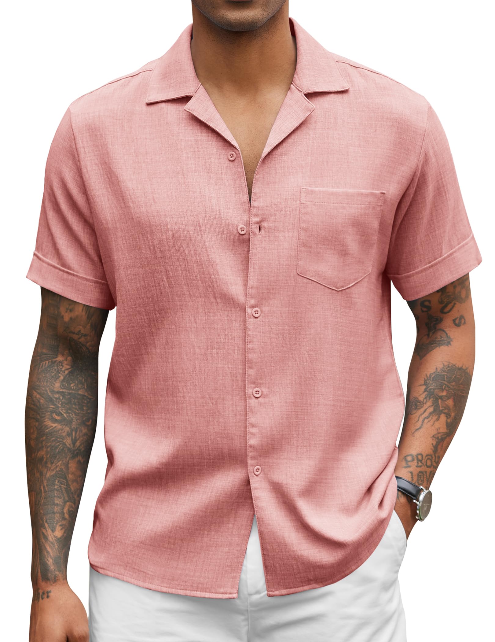 COOFANDY Mens Short Sleeve Button Down Shirts Soft Linen Beach Shirt Summer Vacation Shirts (Pink 3X-Large)